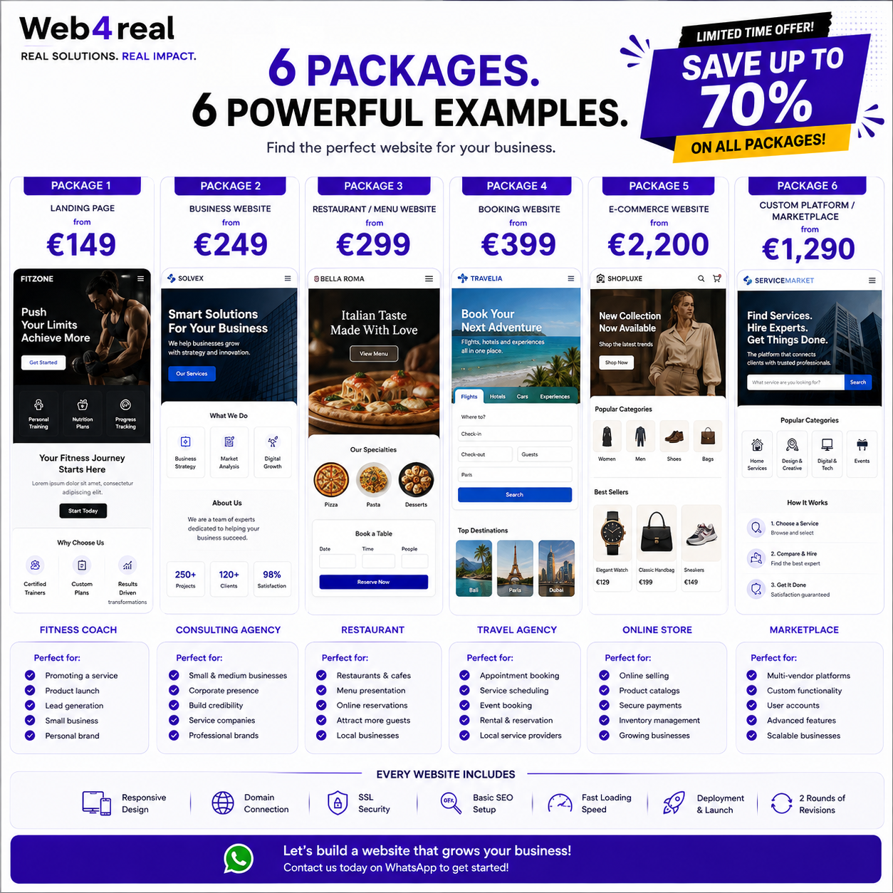 Web4real website packages overview — landing pages, business websites, booking and e-commerce